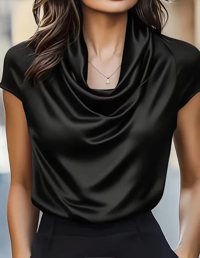 Women's Satin Cowl Neck Short Sleeve Blouse - Smooth Silk-Like Fabric Elegant Draped Neckline Top for Office & Evening Wear