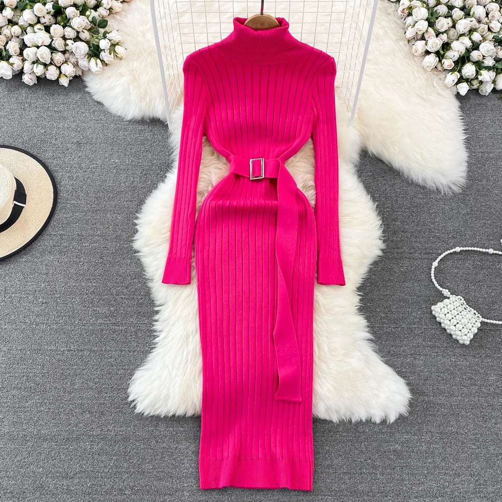 YuooMuoo Ins Hot Turtleneck Sexy Wrap Hips Knitted Dresses Women 2025 Autumn Winter Long Sleeve Bodycon Sweater Dress with Belt