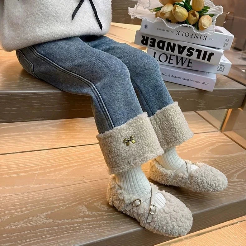 Girl's Pants Fleece Jeans New Autumn Winter Clothes for Baby Girls Casual Stylish Fleece Outer Wear Flared Trousers Loungewear