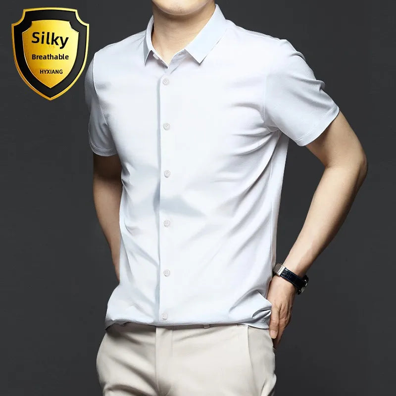 Business Casual Men's Long Sleeve Shirt Anti-Wrinkle Iron-Free Premium Ice Silk Black Slim Fit Polyester Fiber Square Collar