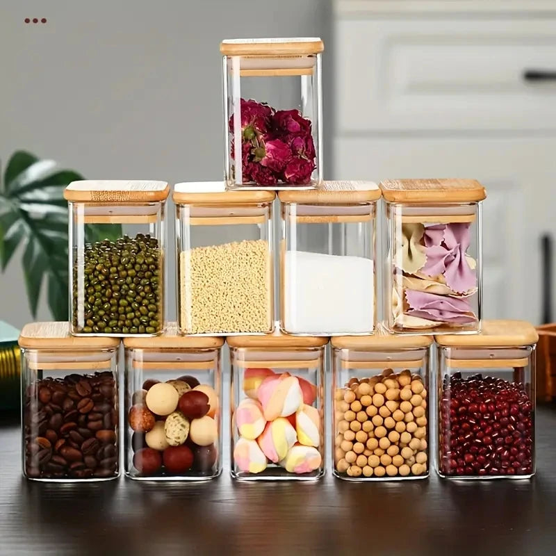 1/4/6/8/12Pcs - Square Food Storage Containers, Kitchen Spice Glass Jars, Transparent Glass Jar Set, Square Wide-Mouth Glass Storage Containers, Glass Airtight Jars, Coffee Bean Storage Containers, for Kitchen Spices, Grains,