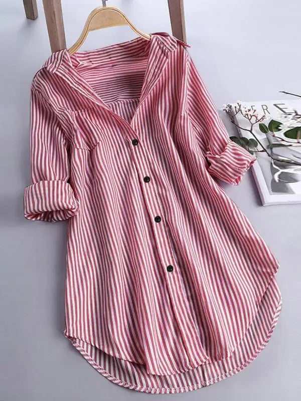 Plus Size Women's Fashion Striped Lapel Single Breasted Blouse Shirt Autumn Spring Ladies Casual Loose Long Sleeve Button Shirt