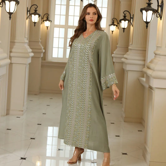 Elegant Middle East Women's Dress Floral Embroidery Shiny V-neck Muslim Festival Clothing Long Skirt Sleeve Petal Long Sleeve