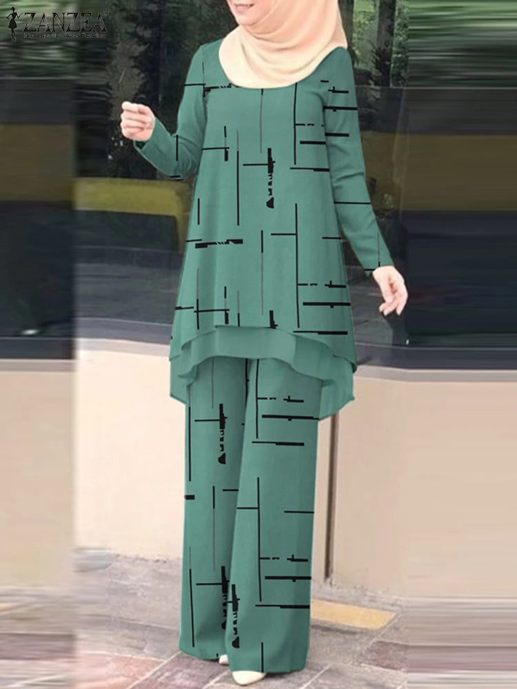 Muslim Women Pant Sets Islamic All-over Printed Long Top and Wide Leg Pant 2pcs Outfits Vintage Elegant 2-Pieces Suits