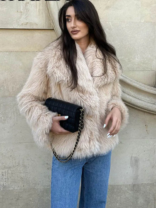 HH Women Fashion Cropped Faux Fur Jacket Coat Long Sleeve Front Snap-button Female Outerwear Chic Lapel Collar Thick Coat