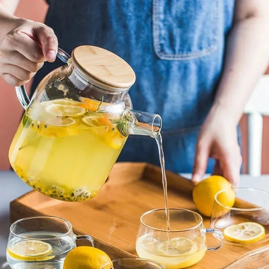 Glass Teapot with Bamboo Lid Transparent Heat-Resistant Thicken Glass Pitcher Cold Water Jug Household Puer Kettle Tea Pot