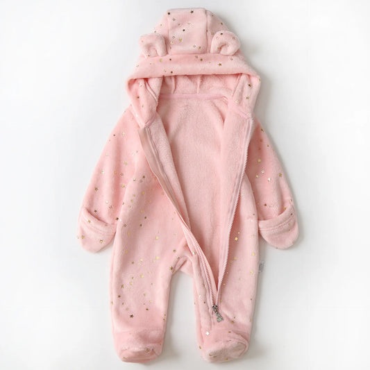 OLEKID 2025 Autumn Winter Newborn Baby overalls Plus Velvet Hooded Kids Baby Girl Rompers 0-1 Years Toddler Boy Jumpsuit Outfits
