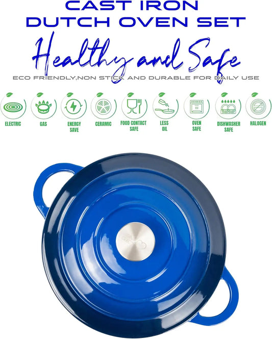 Healthy and Safe, Non-Stick Enameled 7-PCS SET of Cast Iron Dutch Oven Cookwares. Set includes: 24cm Dutch Oven Fry Pan, 18cm, 2