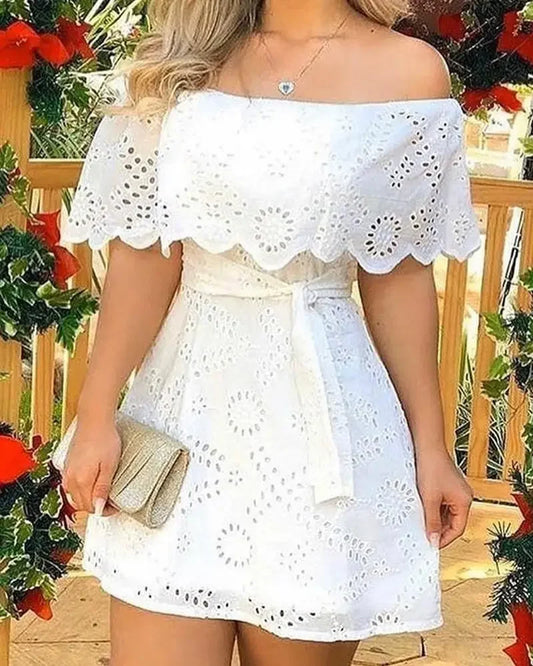 Summer Hollow Out White Dress Women 2025 New Fashion Off Shoulder Lace Up Mini Dress Fashion Lace Splicing Holiday Long Dresses