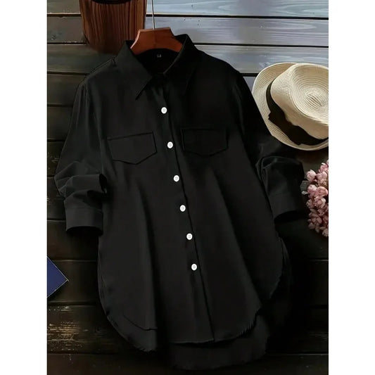 Plus Size 1XL-5XL New Women's Fashion Spring Autumn Solid Color Blouse Shirt Single Breasted Lapel Split Long Sleeved Shirt