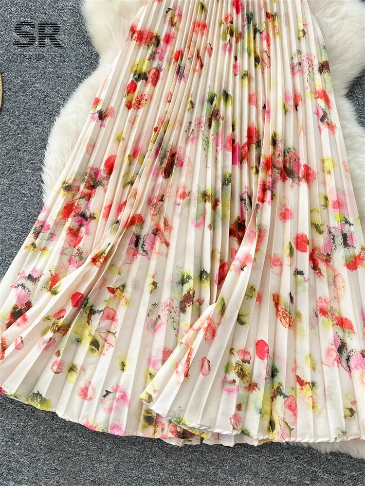 SINGREINY Floral Print Pleated Long Dress Strapless Halter Backless Hollow Out Women Gentle Vacation Beach Party A Line Sundress