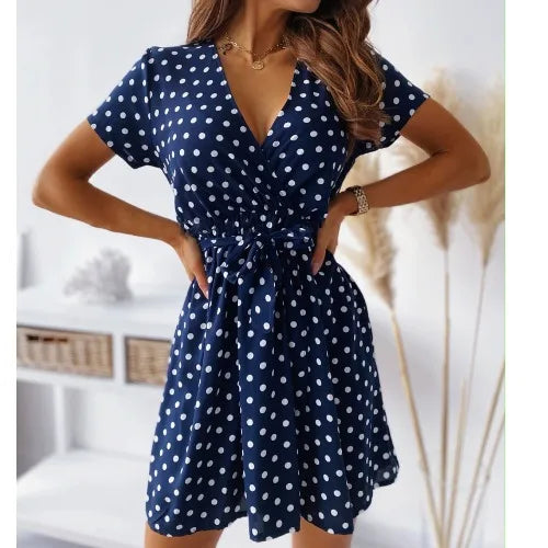 Summer New Sexy V-neck Polka Dot Print Short Sleeve Waist-cinching Dress Sweet Bohemian Style H-shaped Single Piece Dress
