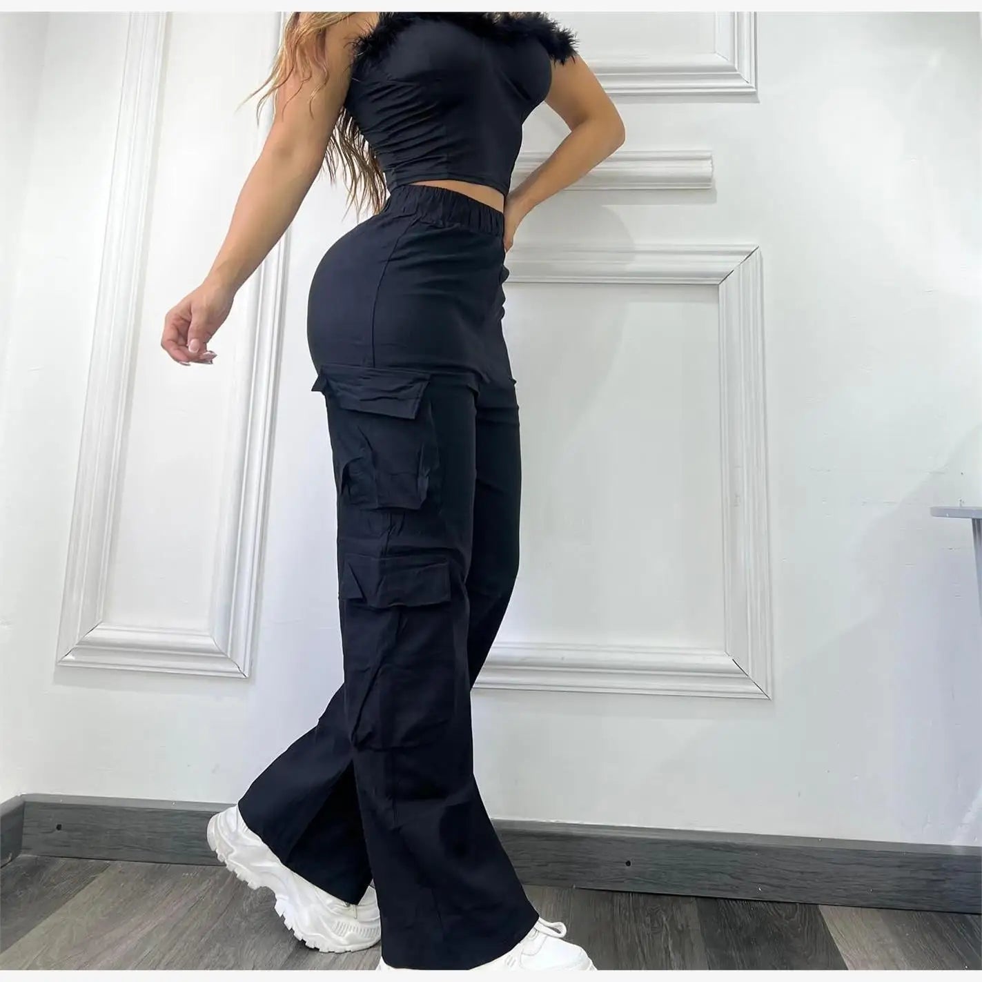 Women's Wide Leg Casual Work Pants Multi ket High Waist PVC Fabric Mid-aged Faion Trend High-waist No Stretch