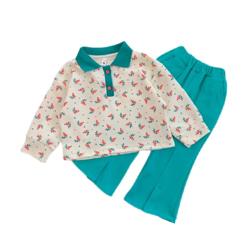 2026 Spring Autumn Green Girls' Clothing Set Cute Floral Lapel Sweatshirt with Flared Pants Two-piece Set Kids Outfits