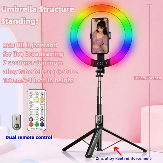 LISCN Selfie Stick Tripod with 10 Inch RGB Selfie Ring LED Fill Light Photography LED Selfie Light with Remote Control for Live