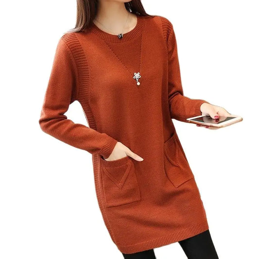 Solid Long Sweater Women Clothing 2025 New Korean Pocket Knit Sweater Dress Casual Warm Loose O neck Long sleeve Ladies Pullover