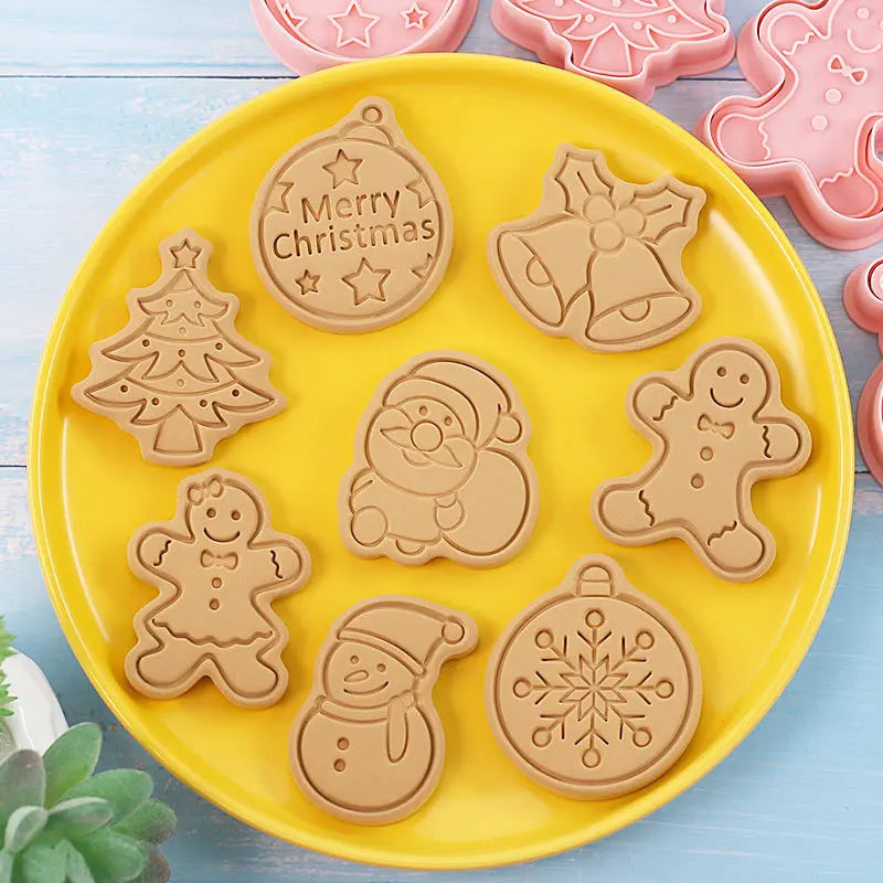Christmas Cookie Cutters Press 8Pcs Santa Claus Biscuit Mold Plastic Cookie Stamp Confectionery Kitchen Baking Pastry Tools