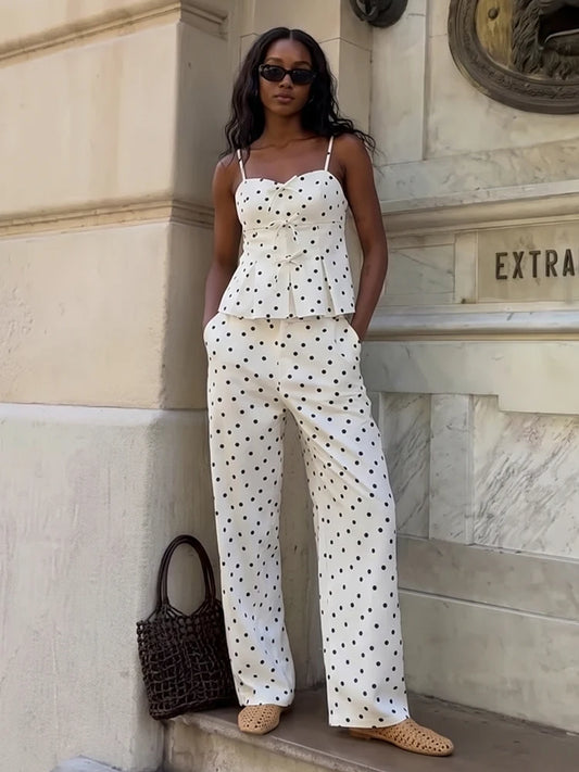 HH Elegant Women's Summer Polka Dot Cami Pant Set 2026 Sweet Skirt Style Hem Bow-Front Top+Bucket Trousers Female Casual Suit
