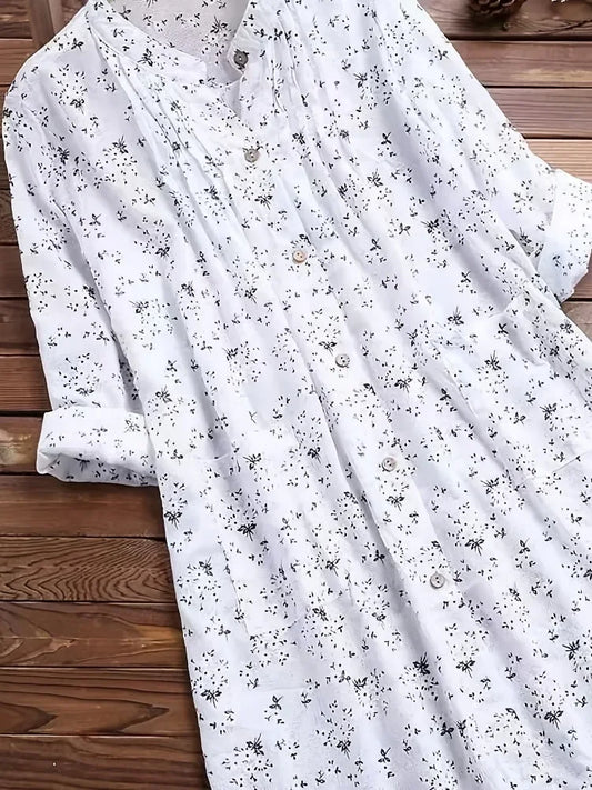 Women's Plus-size Shirt White Long Flower Decorated Lapel Button Up Top for Travel Wear