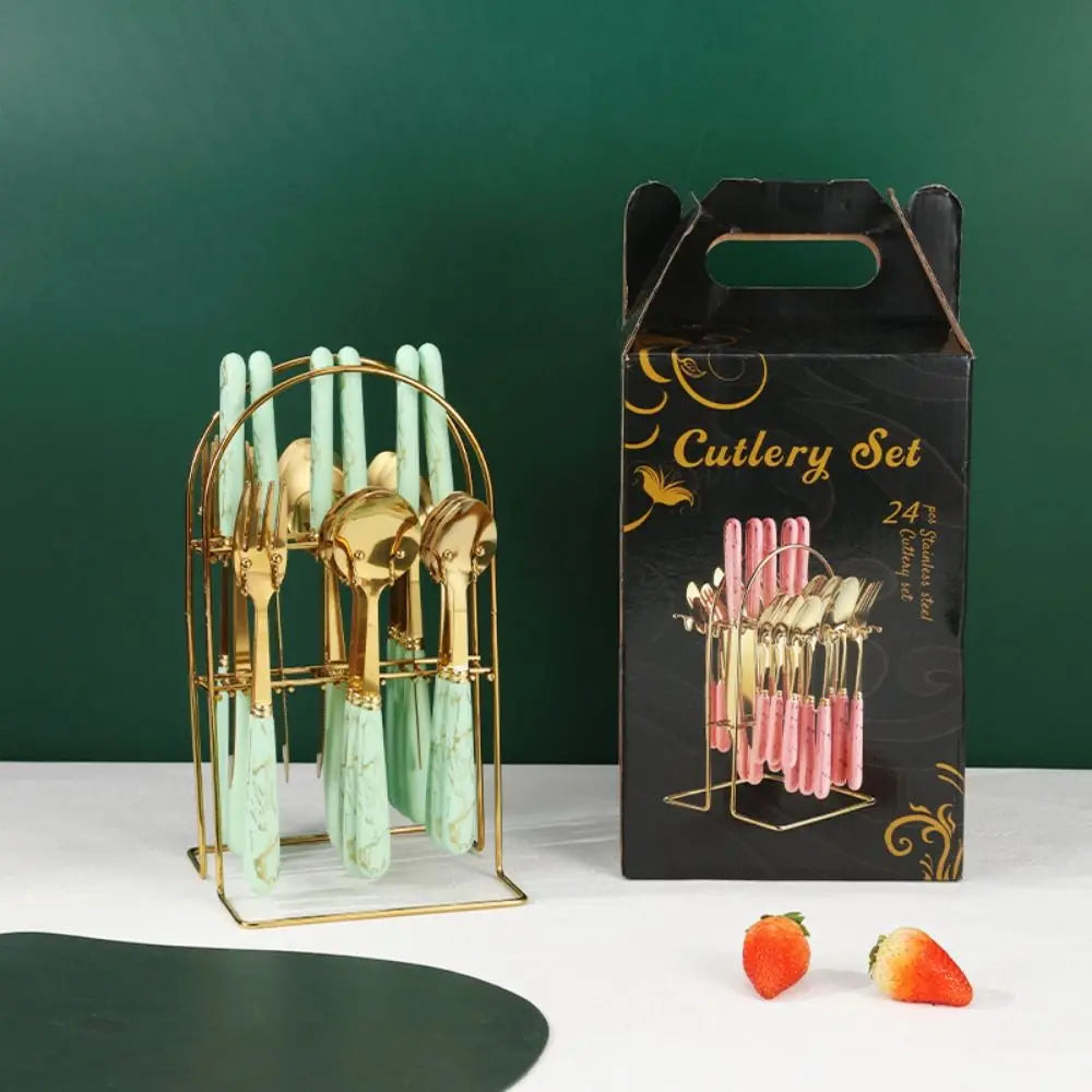 Fashion 24pcs Cutlery Set Stainless Steel Metal Gift Tableware Forks Spoons Kits Dinnerware Home School Kitchen