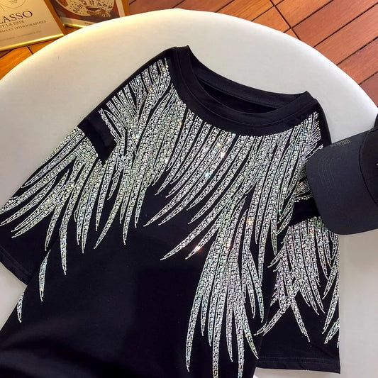 Oversized 300 Pounds Fat People Wear Wings Bright Diamond Black Women's Short-Sleeved T-Shirt Age Reduction Round Neck Top