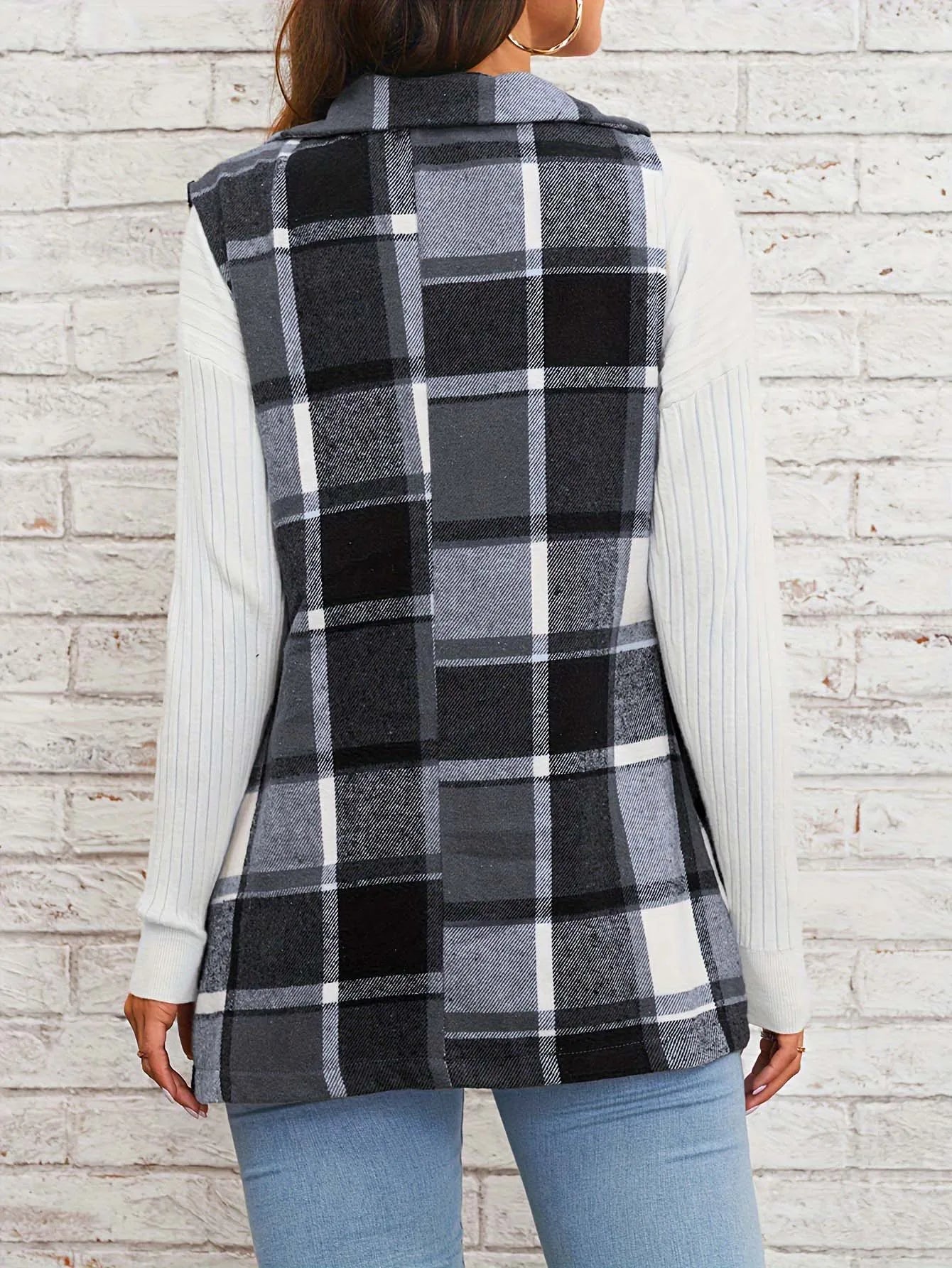 European American Cross-Border Women's Fashionable And Elegant Plaid Pattern Front Buckle Flip Collar Vest
