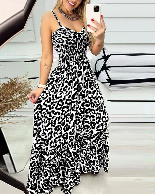 Summer new leopard print camisole V-neck dress high waisted skirt sexy temperament long skirt women's clothing plus size