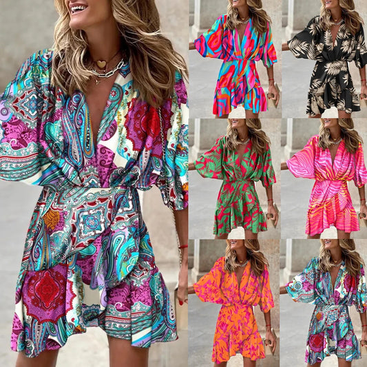 2024 Summer Women Boho Printed Long Shirts Elegant Dress Turn-down Collar Long Sleeve Female Casual Evening Maxi Dresses Party D