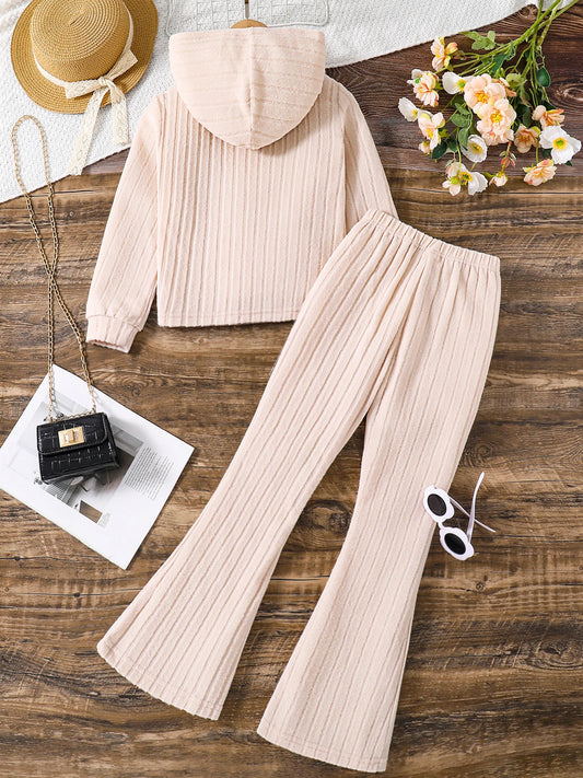 Spring and autumn children's clothing suitable for girls fashion outdoor leisure sportswear loose apricot hoodie flared pants