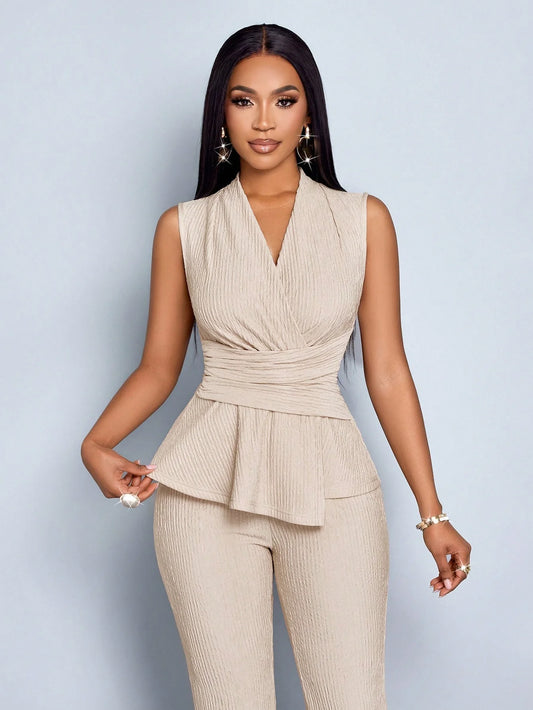 Women's Apricot Elegant V-Neck Vest and Wide-Leg Pants Two-Piece Set