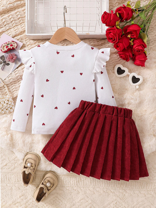Kids 2PCS Spring New Style For Girls 1-6 Years Old Sweet And Lovely Red Love Pattern Top + Red Pleated Short Skirt With Bow Set