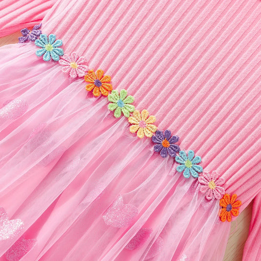 2024 Girls Dress Spring Autumn Long Sleeve Gauze Colorful Flower Belt Children Clothes Casual Birthday Sweet Girls Dress 2-7Y