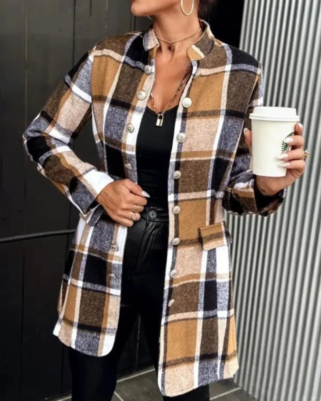 Plus Size 1XL-5XL Women Fashion Long Sleeve Plaid Printing Coat Ladies Casual Autumn and Winter Button Mock Neck Tunic Jacket
