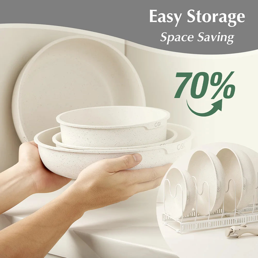 17 Piece Nonstick Skillet and Saucepan Set with Silicone Lid and Utensils Induction, Detachable Handle, Oven Available, Beige