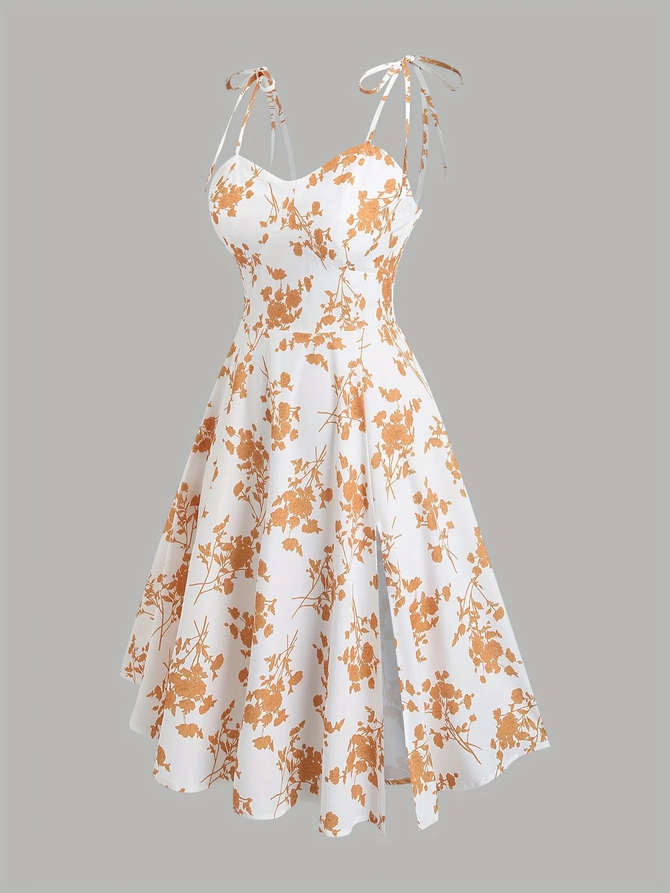 European and American fashion plus size women's new flower print A-line skirt bow tie slit dress