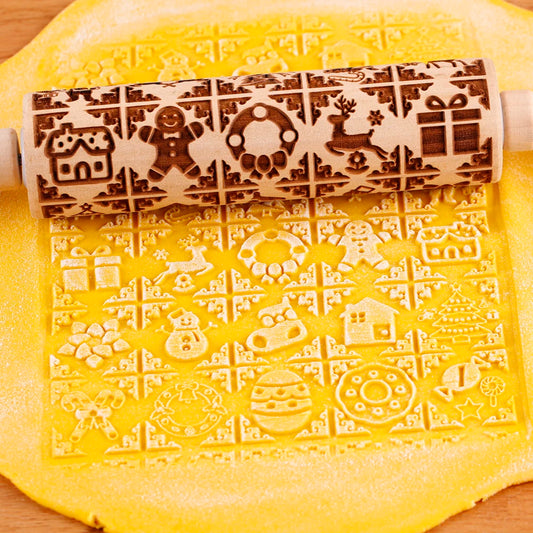 1pc 13.7in Wooden Christmas Embossed Rolling Pin For Pastry Baking Tools,Santa Claus Elk Boots Deep Engraving Cookies Stamp Tool