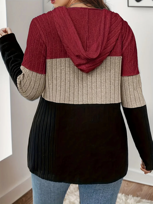 Plus Size Women's Hooded Fashion Knit Ribbed Cardigan Sweatshirt