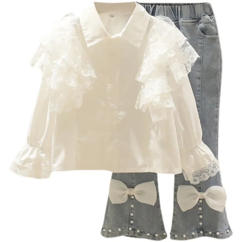 2024 Autumn New Girls' Clothing Sets Personalized Lace Doll Neck Shirt+Pearl Bow Jeans Set Ladies Style Spring Children's Suit