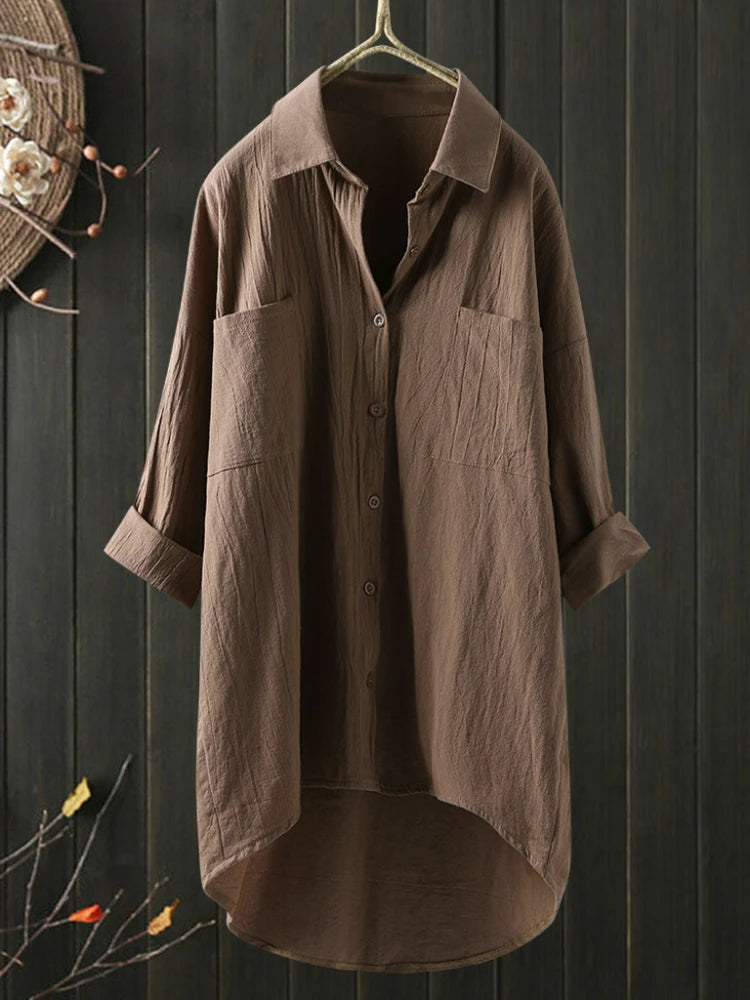 Elegant and Youth Woman Blouses Casual Home Cotton Linen Large Size Single Breasted Commuting Style Long Sleeved Shirt