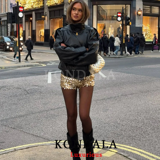KONDALA Casual Chic Black Leather Jackets Women Long Sleeve Buttons Elastic Oversized Coats Fashion 2026 Fall Streetwear Coats