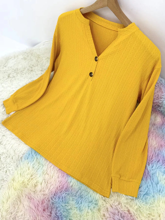 Plus size casual top women's wide solid color chunky knit long sleeve button detail V-neck slightly elastic elegant top shirt