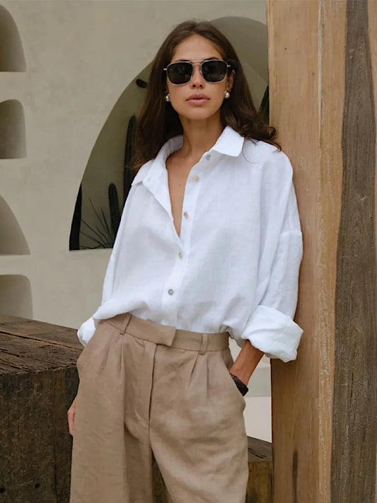 Cotton Spring Summer Versatile Lazy Casual Shirt Women's Fashionable Solid Color Loose Shirt Cardigan Shirt