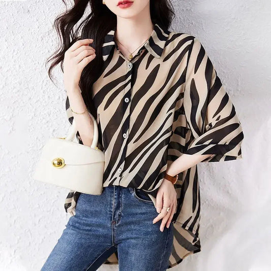 Summer Chiffon Shirt Three-quarters Sleeve Striped Retro Blouse Women Sunwear for Women Zebra Print Loose Shirt Large Size Tops