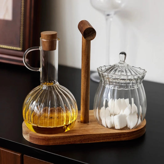 Glass Oil Pan Kitchen Household Wooden Lidseasoning Bottle Storage Rack High-temperatureresistant Storagetanksoysauce Bottle Set