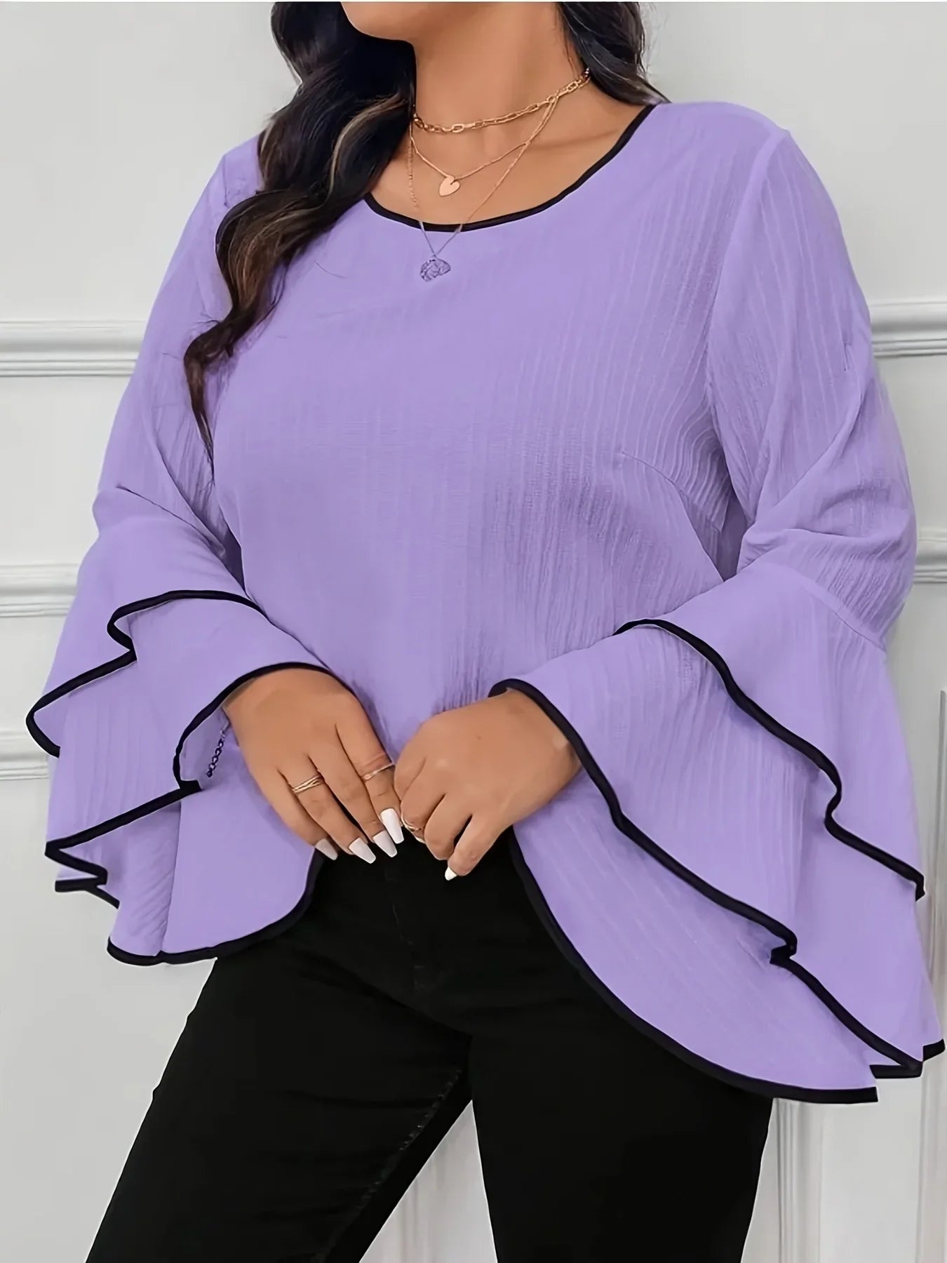 Women's Large Size T-shirt 2025 Spring/summer New Relaxed Casual Solid Color Crew-neck Flared Long-sleeved Top