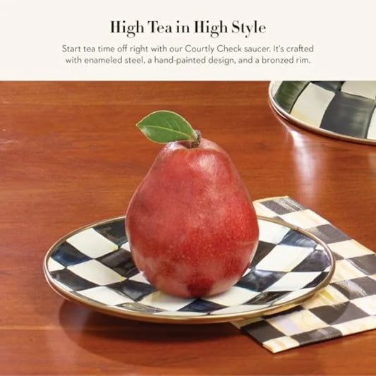 Enamel Saucer Small Enamel Plate for Teacups Black-and-White Courtly Check