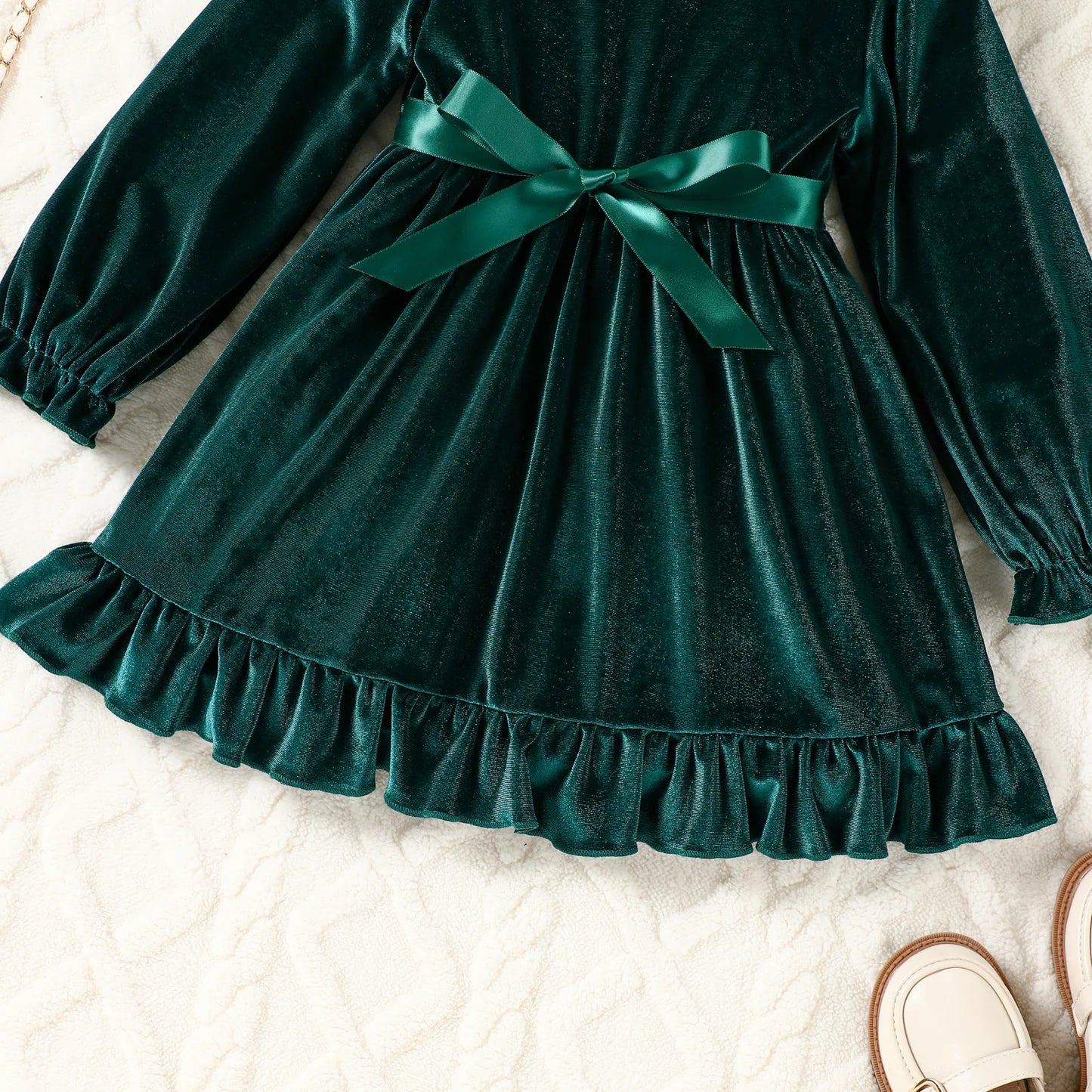 Baby Green Dresses For Girls Flared Sleeve Lace Velvet Dress With Belt 2pcs 2026 New Year Toddler Baby Eevening Party Dress
