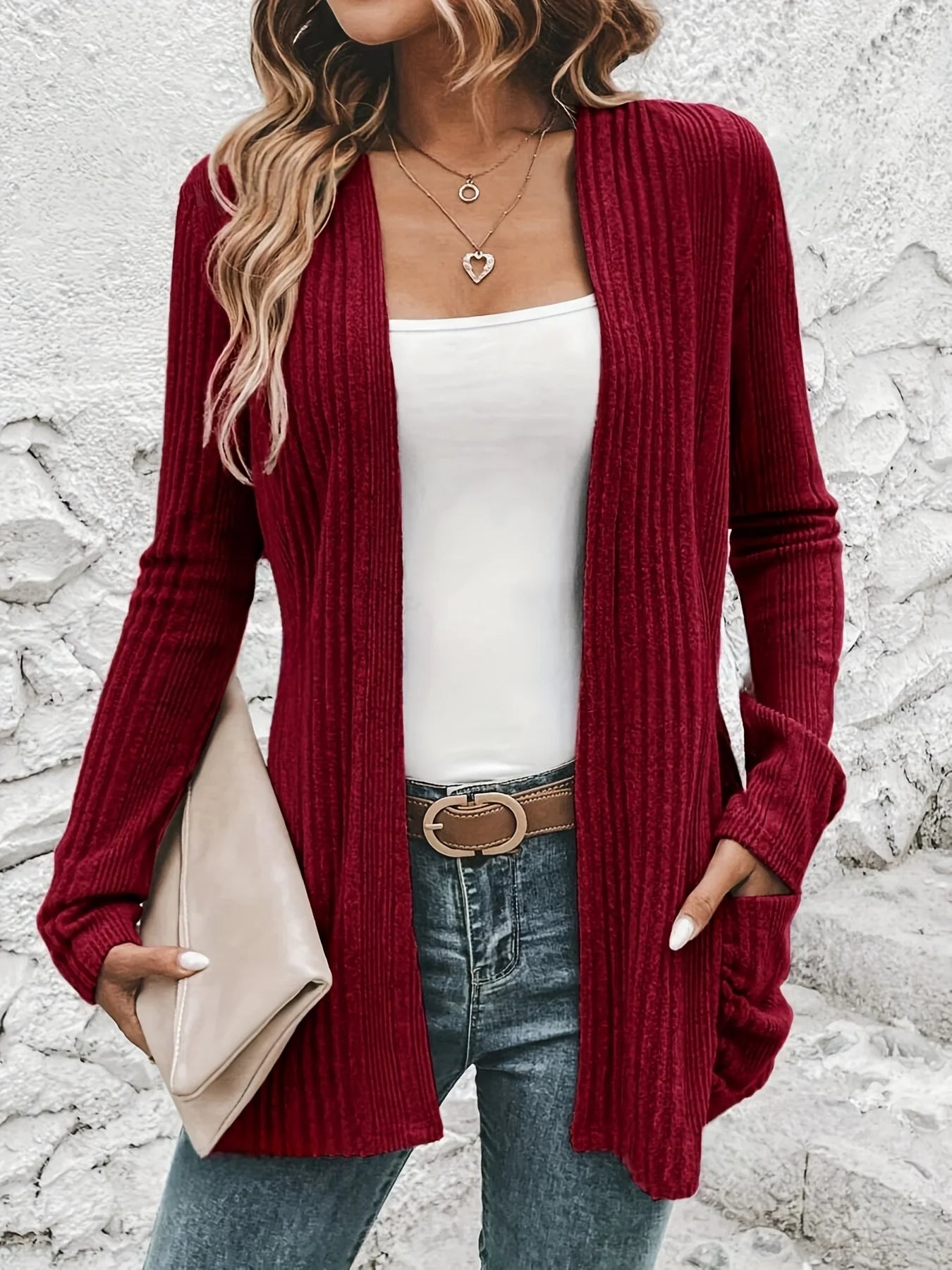Elegant open front solid cardigan, long sleeve double pocket cardigan, suitable for spring and autumn, women's clothing