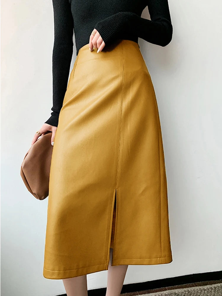 Nerazzurri Midi skirts below knee 2021 Yellow black soft leather skirt women zipper Long straight skirts for women high waist