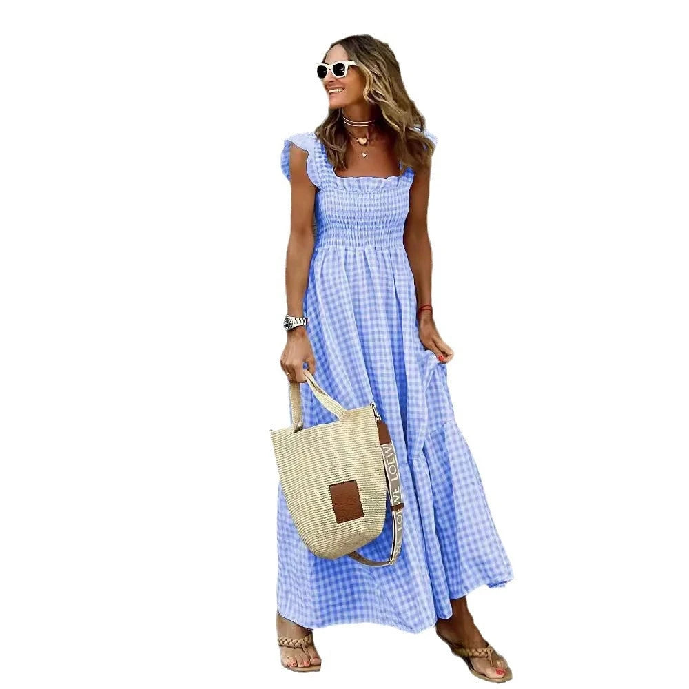 2026 Summer European and American Women’s Retro Plaid Sleeveless Ruched Dress with Thin Straps and Ruffle Long Dress